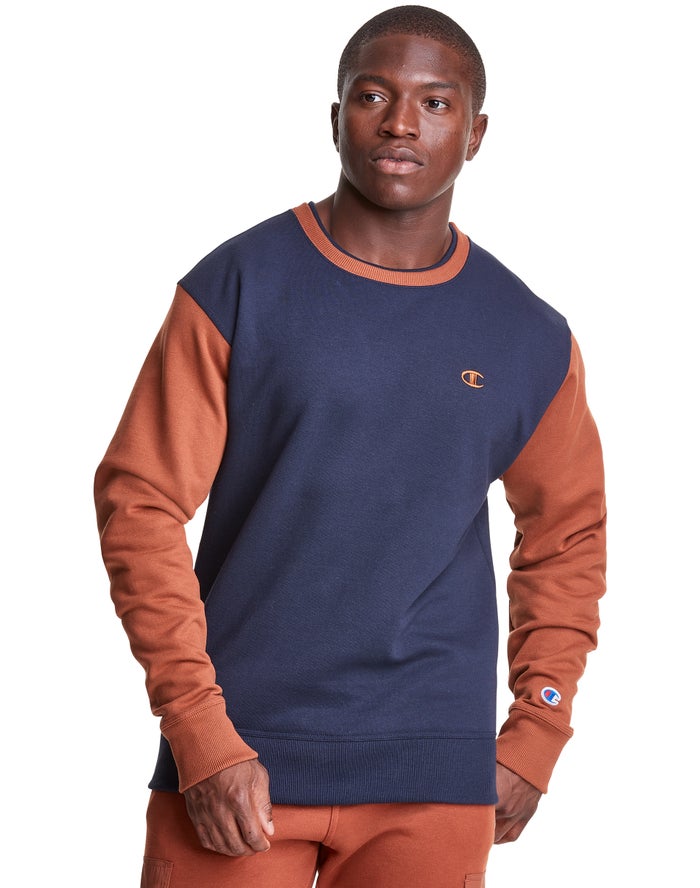 Champion Herre Sweatshirt Mørkeblå/Brune - Powerblend Fleece Crew Double Collar Crew Embroidered C L